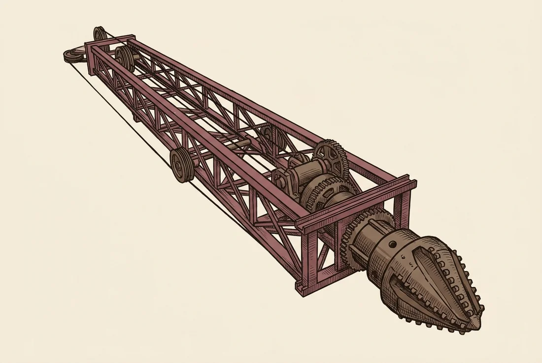 Illustration of a drilling rig mast and drill bit, shown as an isolated equipment study