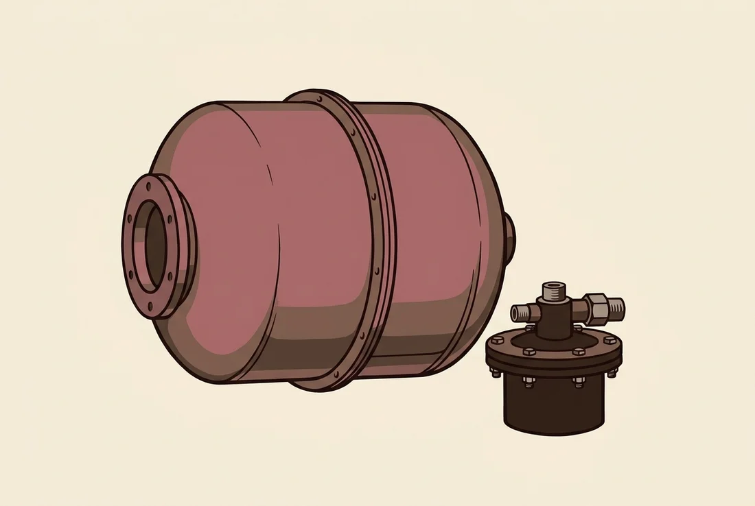 Illustration of a well cap and pressure tank, shown as an isolated equipment detail